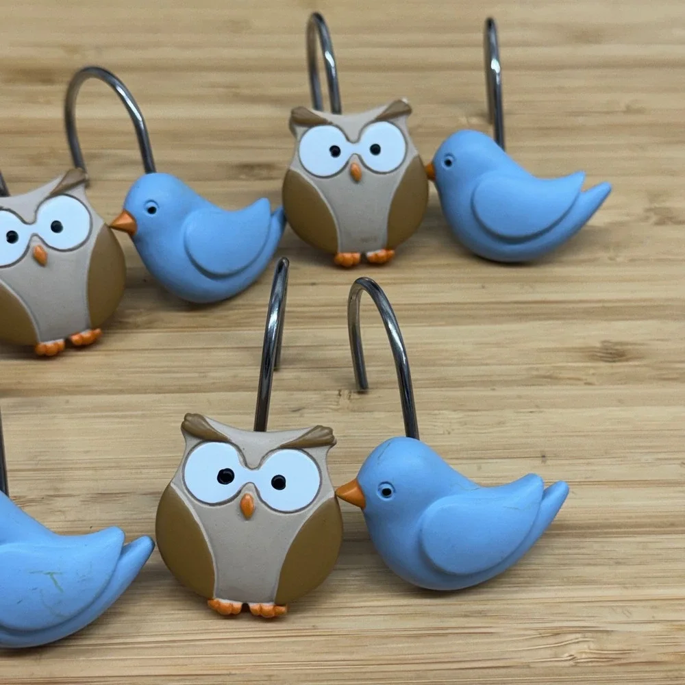 Owl and Blue Bird Shower Curtain Hooks Set of 12‎ Woodland Resin Kids Bathroom